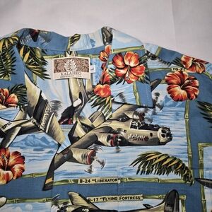 Kalaheo Hawaiian Shirt WWII Airplanes Hibiscus Blue Aloha Shirt Made in Hawaii L